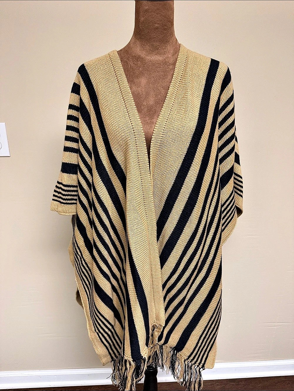 BE CLEVER Striped Fringe Poncho in Beige & Black NWT